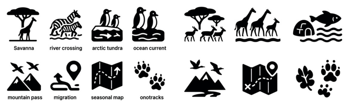 Wildlife icons with zebra penguin giraffe flat