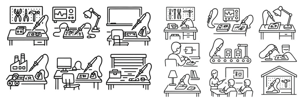 Workshop icons with robot arm soldering outline