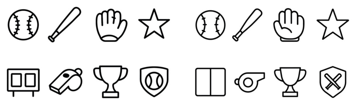 Sports icons with baseball bat glove star outline