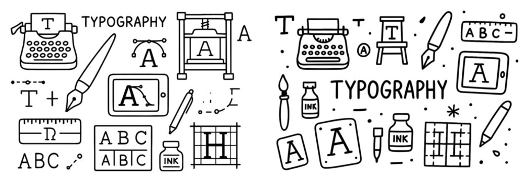 Typography icons with typewriter pen and ink outline