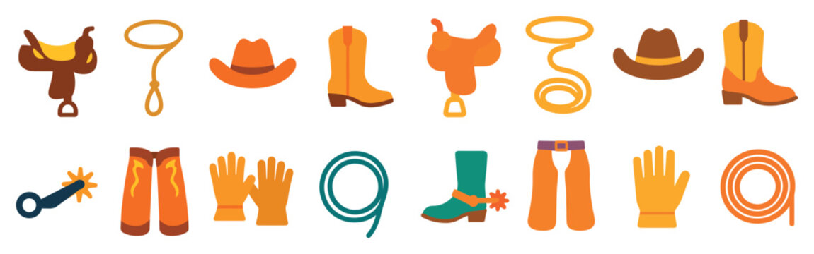 Western icons with cowboy hat boot lasso colorful