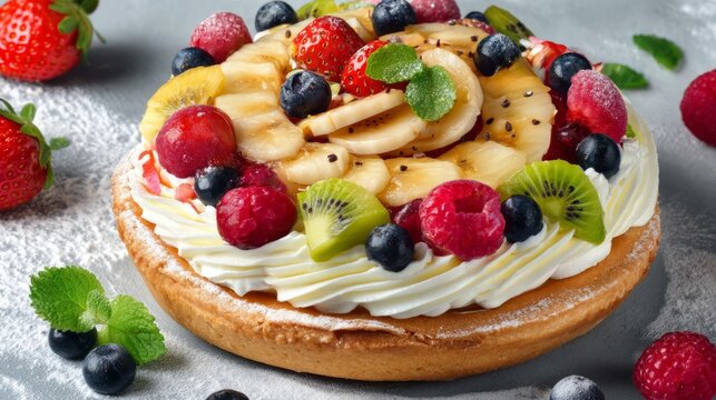 Delicious Fruit Tart with Cream, Fresh Sliced Fruit, and Mint Leaves