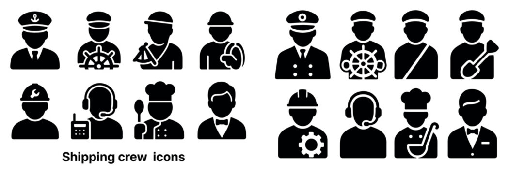 Shipping crew icons with captain helm worker silhouette
