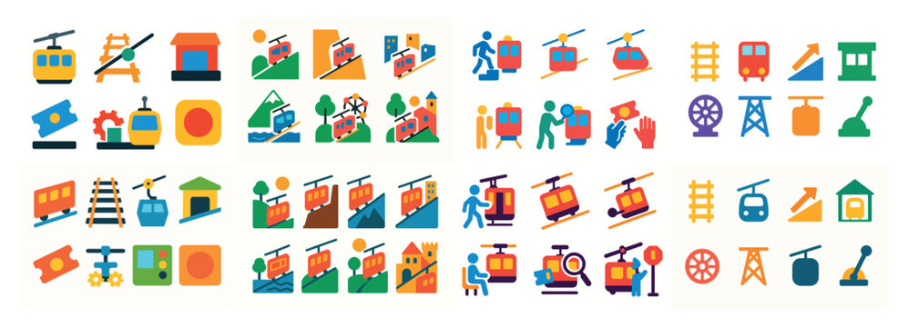 Colorful cable car icon set collection