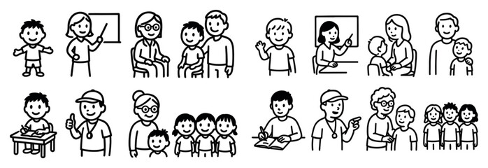 Obraz premium Education icons with teacher child group outline