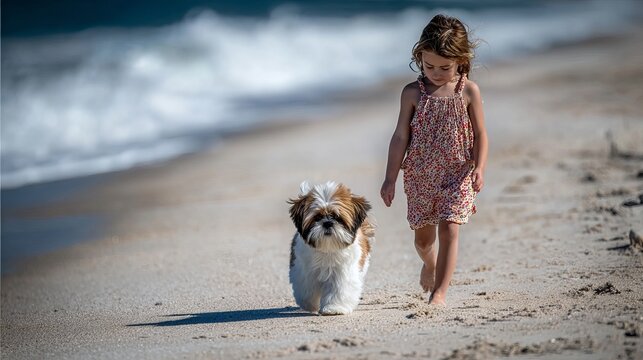 Young girl walks fluffy Shih Tzu puppy on the sand at Cape Hatteras National Seashore.