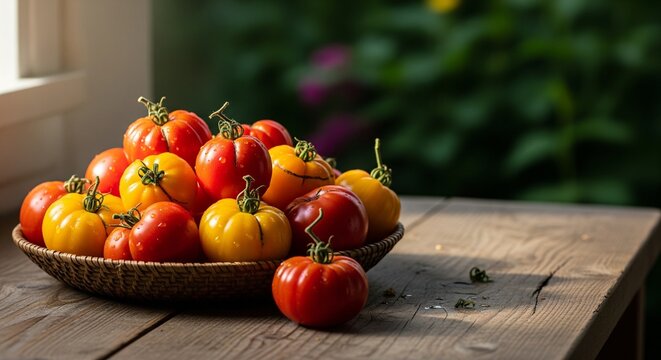 A large wicker bowl piled high with ripe red and yellow garden tomatoes on a rustic wooden table, with a blurred green garden in the background