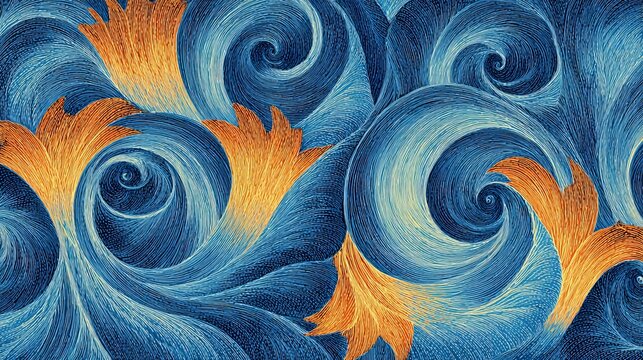 Swirling blue and orange lines create a dreamlike, repeating pattern.