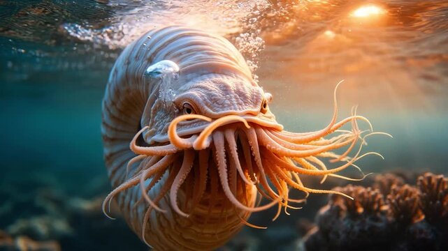 ancient marine cephalopod nautilus animated in deep ocean currents, showing tentacles reaching outwards