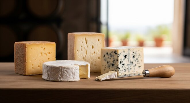 An assortment of different cheese blocks, including blue cheese and brie, arranged on a wooden board with a cheese knife