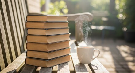 Fototapeta premium A tall stack of books sitting on a wooden bench outdoors. Next to the books is a white cup of hot coffee or tea with steam rising from it in the sunlight