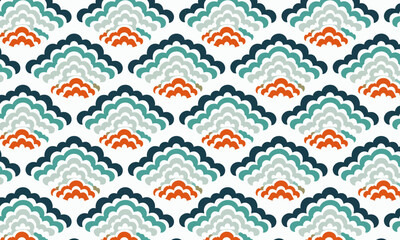 Seamless Japanese Fan and Scale Geometric Pattern in Teal, Orange and Navy — Traditional Asian Mosaic Vector © Bayanakun