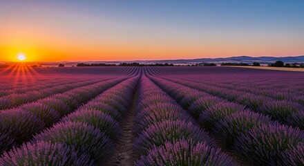 Fototapeta premium Long, symmetrical rows of purple lavender stretching toward a vibrant orange sunset on the horizon