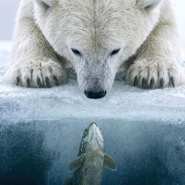 A polar bear is gazing down at a fish through the Arctic ice