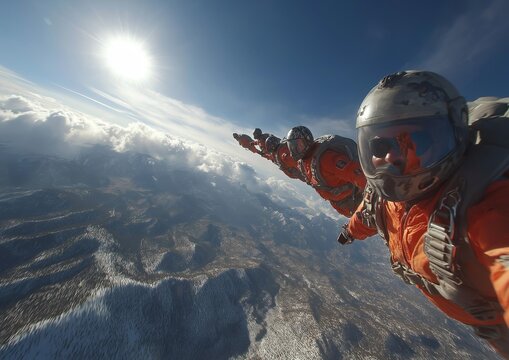 AI generator images of Skydiving, also known as "freefall" or "skydiving formation," is a challenging extreme sport where multiple skydivers work together to create various formations or symbols while