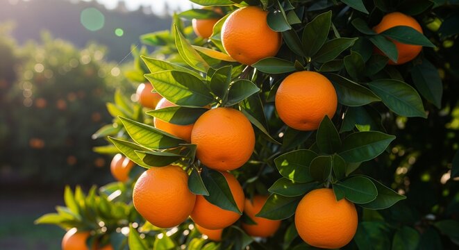 A close-up shot of ripe oranges hanging on a leafy tree in an orchard under bright, warm sunlight