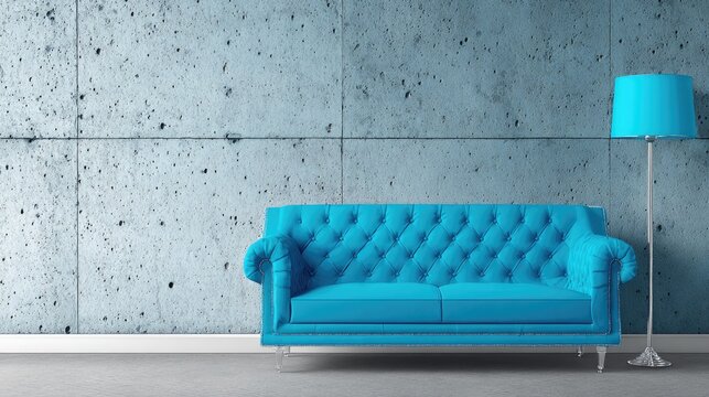 Brightly colored tufted sofa sits before a textured gray wall with a standing lamp