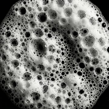Macro view of white foam bubbles with varied circular cells on black background. Concept of cleaning, beverage, texture, science, skincare, hygiene, and abstract commercial background. Generative AI.