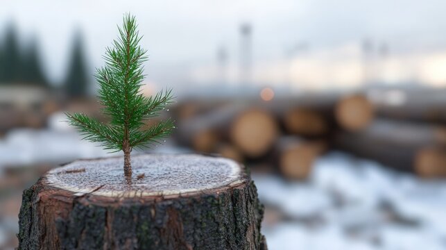 Young tree growing on stump in winter