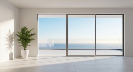 Fototapeta premium A wide, empty room with white walls and a large sliding glass door. Outside is a spacious terrace overlooking a calm blue ocean under a clear sky. A green potted plant stands in the corner