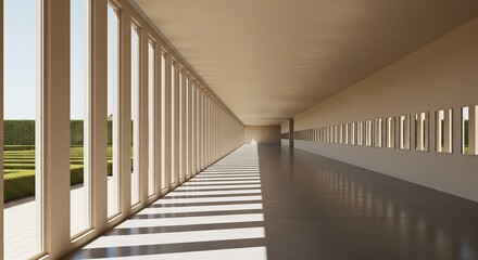 Fototapeta premium A long, dramatic hallway or gallery with a row of many tall, thin windows on one side and small square windows on the other. Sunlight creates a rhythmic pattern of shadows on the floor