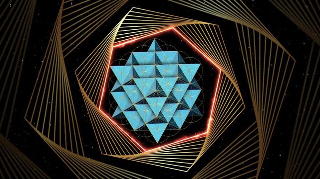 Animation of Sacred Geometry, Spiritual Flower of Life, Yantra Mandala, tilting effect of seed of life, mystical rotating hexagonal gold grid, symbol of harmony. Starry galaxy black background