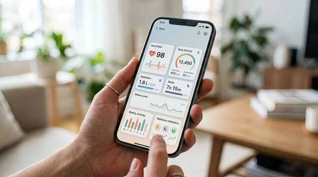 Smartphone health monitoring app showing heart rate, activity, hydration and sleep in home