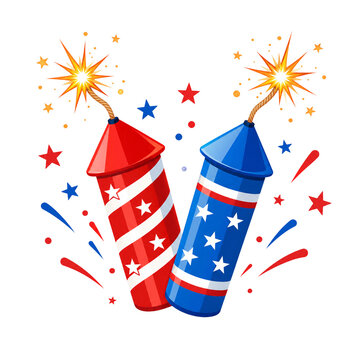 Bright colorful fireworks display rockets with red and blue stripes decorated with star patterns are ready for a celebration event to mark patriotic national holidays and summer night festivities