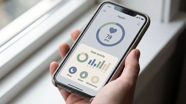 Hand holding smartphone with health app dashboard showing heart rate, daily activity and sleep