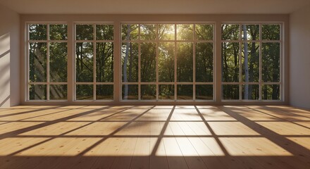 Fototapeta premium Empty modern room with light wooden floors and large panoramic windows overlooking a green forest at sunset