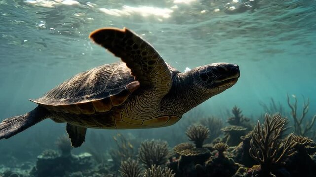 A magnificent sea turtle glides through sunlit ocean depths, gracefully propelling its powerful flippers, creating a serene and captivating underwater video clip.
