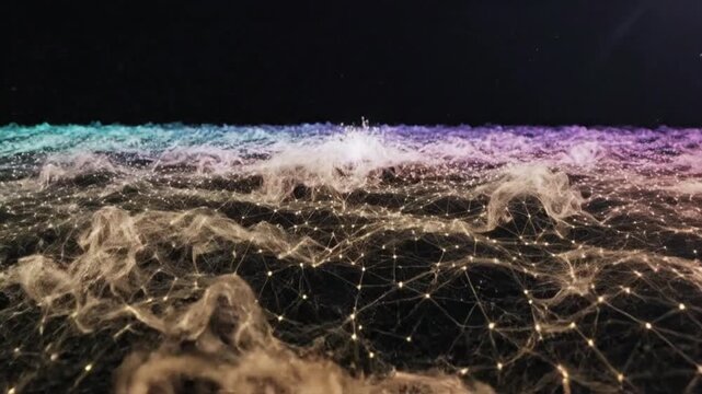 Abstract network flowing through colorful cosmic clouds, digital data stream