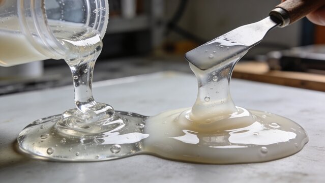 Mixing Epoxy Adhesive Glue &ndash; Macro Close-Up of Two-Component Bonding Material, Viscous Texture, Industrial Repair Process, Strong Chemical Bond Concept