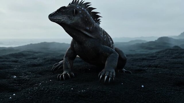 Dark scaly iguana-like creature, with prominent spikes, slowly pivots its imposing body and turns its head in captivating motion footage.