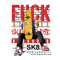 Edgy skater character sitting with skateboard and rebellious gesture, urban underground streetwear graphic. © InkMasters 
