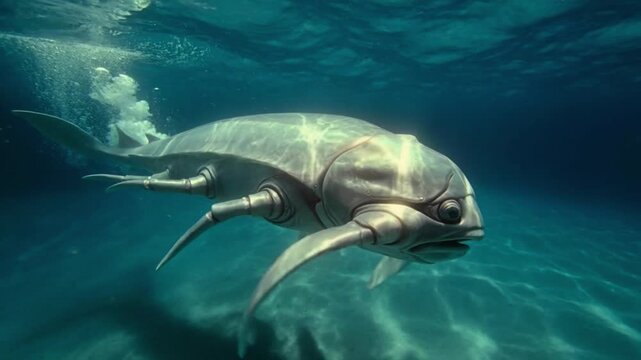 An ancient fish swims underwater.