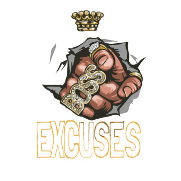 Streetwear graphic of a hand with brass knuckles and No Excuses text.