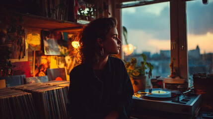Fototapeta premium Woman listening to vinyl records by a window at dusk. 