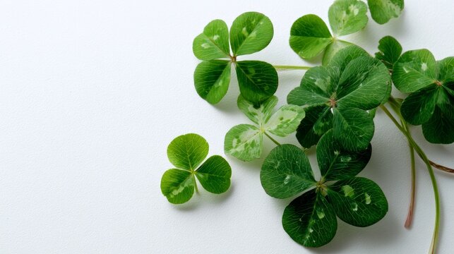 Green clover leaves lie on a white surface, showing a close-up view. It represents St. Patrick's Day.