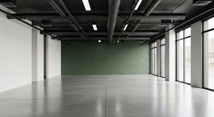 Naklejka premium Wide-angle shot of a large, empty industrial loft or gallery space with polished concrete floors, black exposed ceiling pipes, and a dark green accent wall
