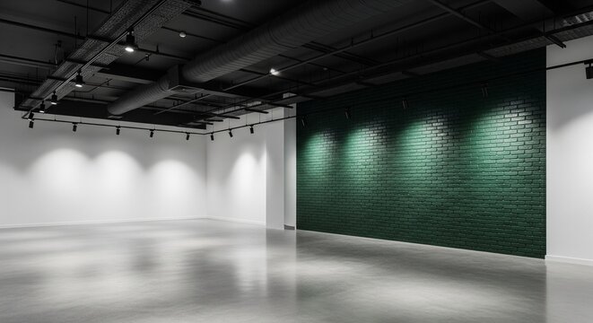 A spacious, empty modern hall with a dark industrial ceiling and track lighting. Features a textured dark green focal wall illuminated by spotlights and a shiny gray floor