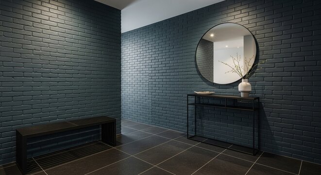 A modern hallway with dark teal brick walls. A round mirror hangs above a slim black console table decorated with a white vase. A dark wooden bench sits against the opposite wall
