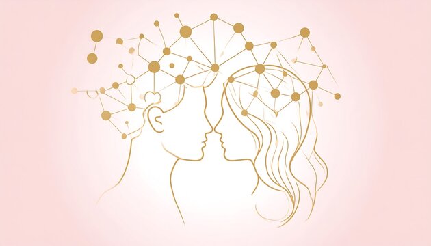Two women's profiles, connected by golden lines, a concept of connection and shared thoughts