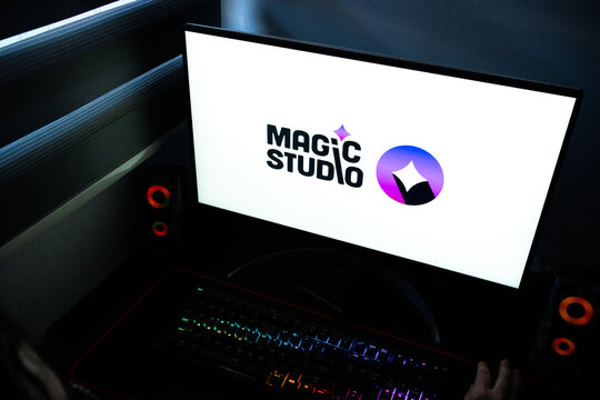 Punta Arenas, Chile &ndash; April 27, 2026: A computer monitor displaying the Magic Studio AI photo editing logo on a white screen in a dark office