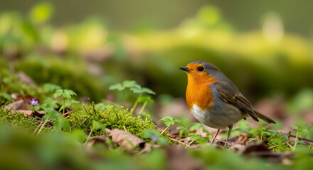 Fototapeta premium A small bird with vibrant orange and grey feathers stands on mossy ground with leaves.