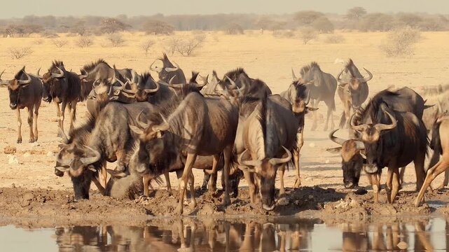 wildebeest, Connochaetes taurinus,
 at waterhole, drinking 674
