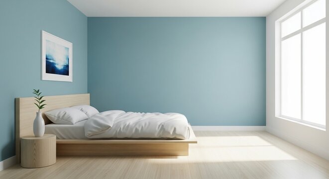 A side view of a minimalist bedroom with blue walls. Features a wooden bed frame, white sheets, a circular nightstand with a vase, and a framed picture on the wall
