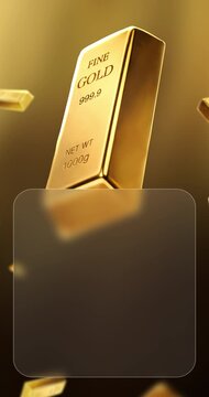 Vertical 4K looping background of gold bars with UI glassmorphism panel, designed for mobile social media marketing, short-form video content, and financial investment ads.