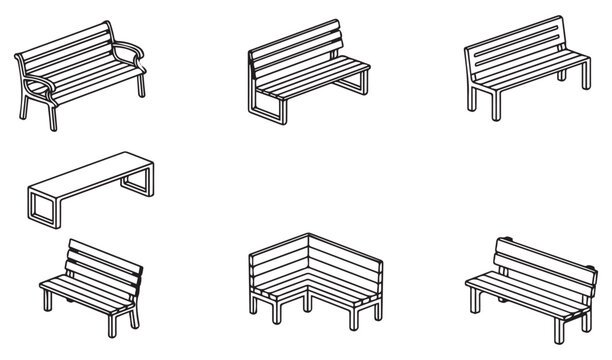 Set of isometric park bench icons, outdoor furniture 3d line art vector collection, urban street garden seating elements isolated on white background.