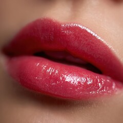 Obraz premium Glossy bright red lips with smooth skin texture in a sensual close-up shot showcasing vibrant makeup and natural beauty details